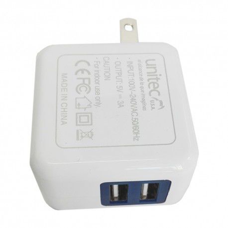CABEZAL CARGADOR PARED 2 PUERTOS USB 5V 3.0A UNITEC